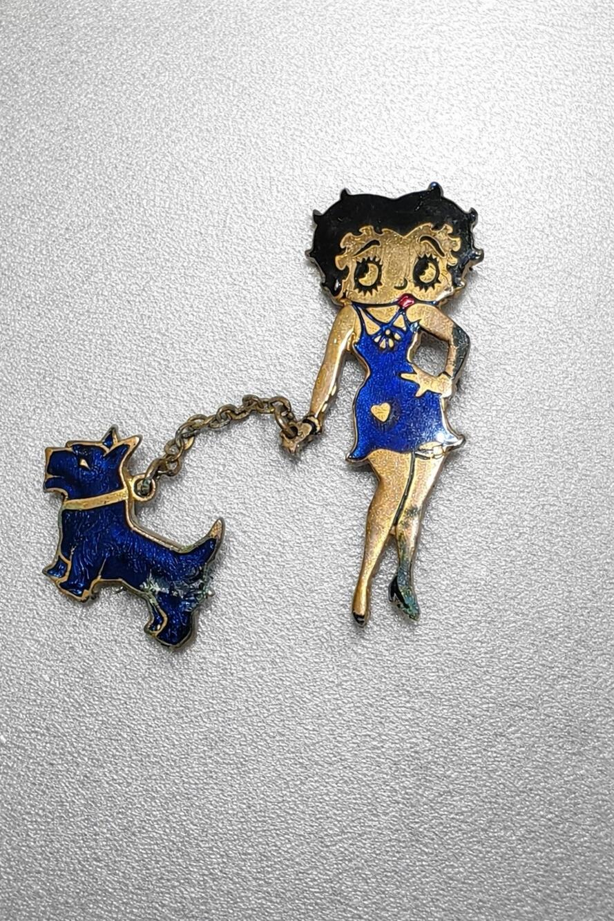 Vintage Betty Boop Pudgy Articulated Dangle Brooch Pin Blue Enamel Gold Tone